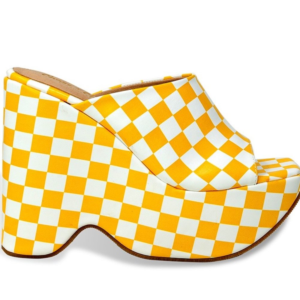 Womenโs Chunky Flatform Wedge Slide Heel Checkered Sandal